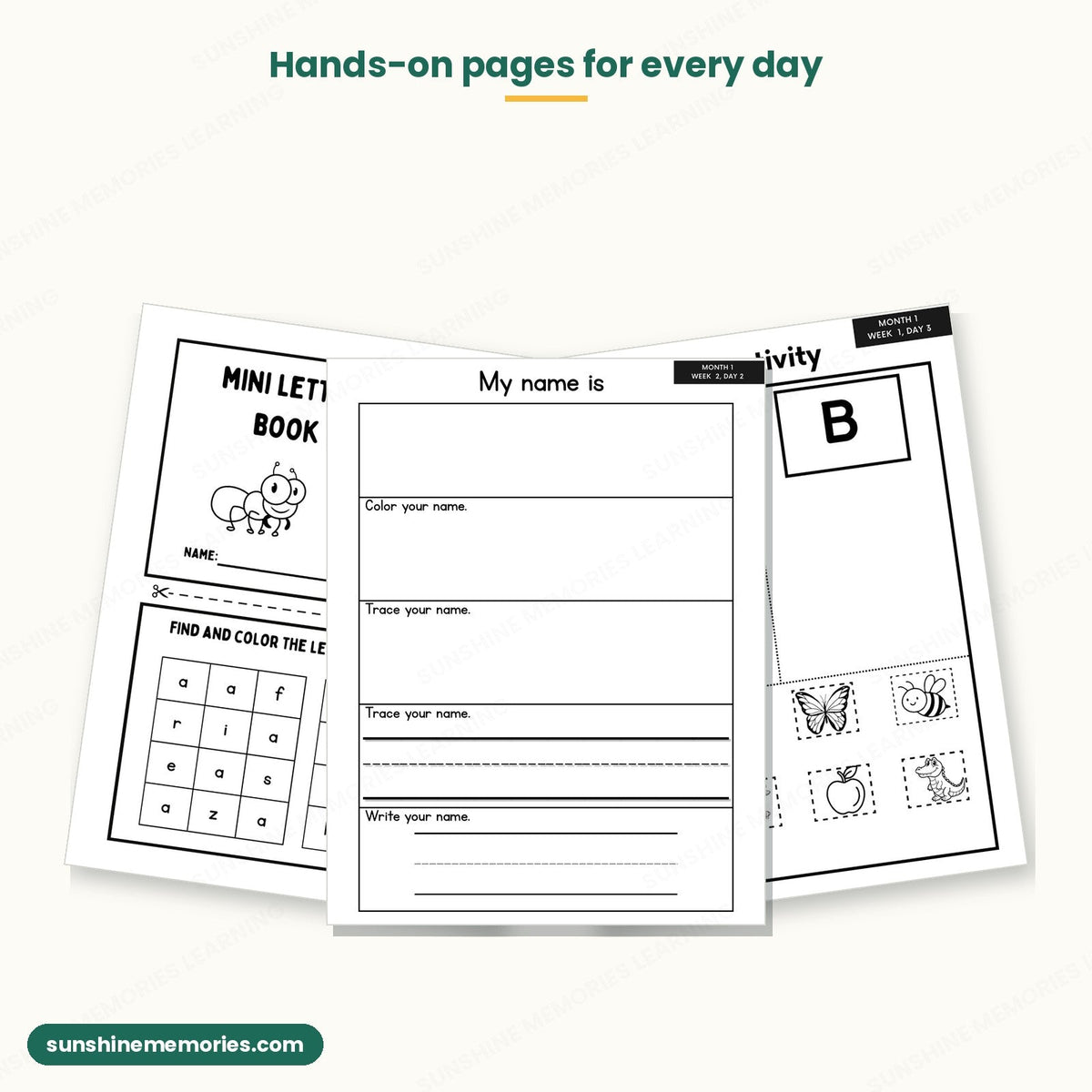 Mini letter book, name practice page and A or B picture sorting activity