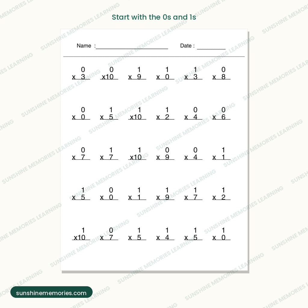 A practice page for the 0 and 1 fact families, 30 problems per page