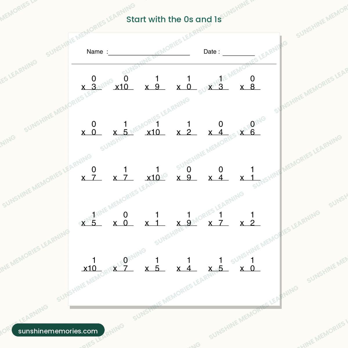 A practice page for the 0 and 1 fact families, 30 problems per page
