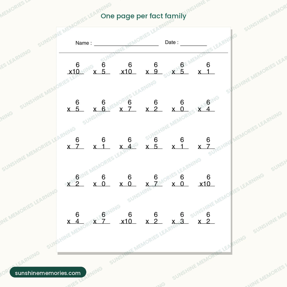 One page per fact family, shown here with the 6 times table