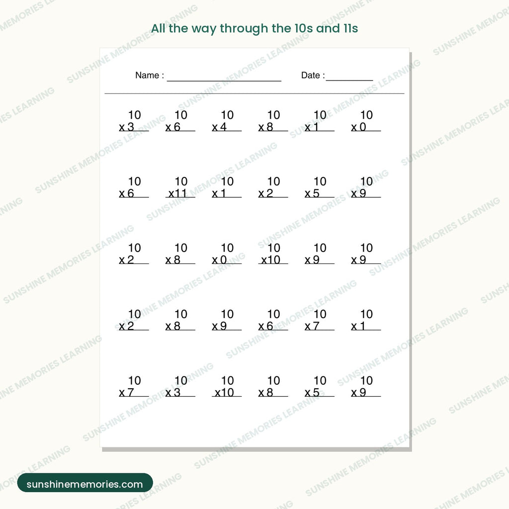Practice pages running through the 10 and 11 fact families
