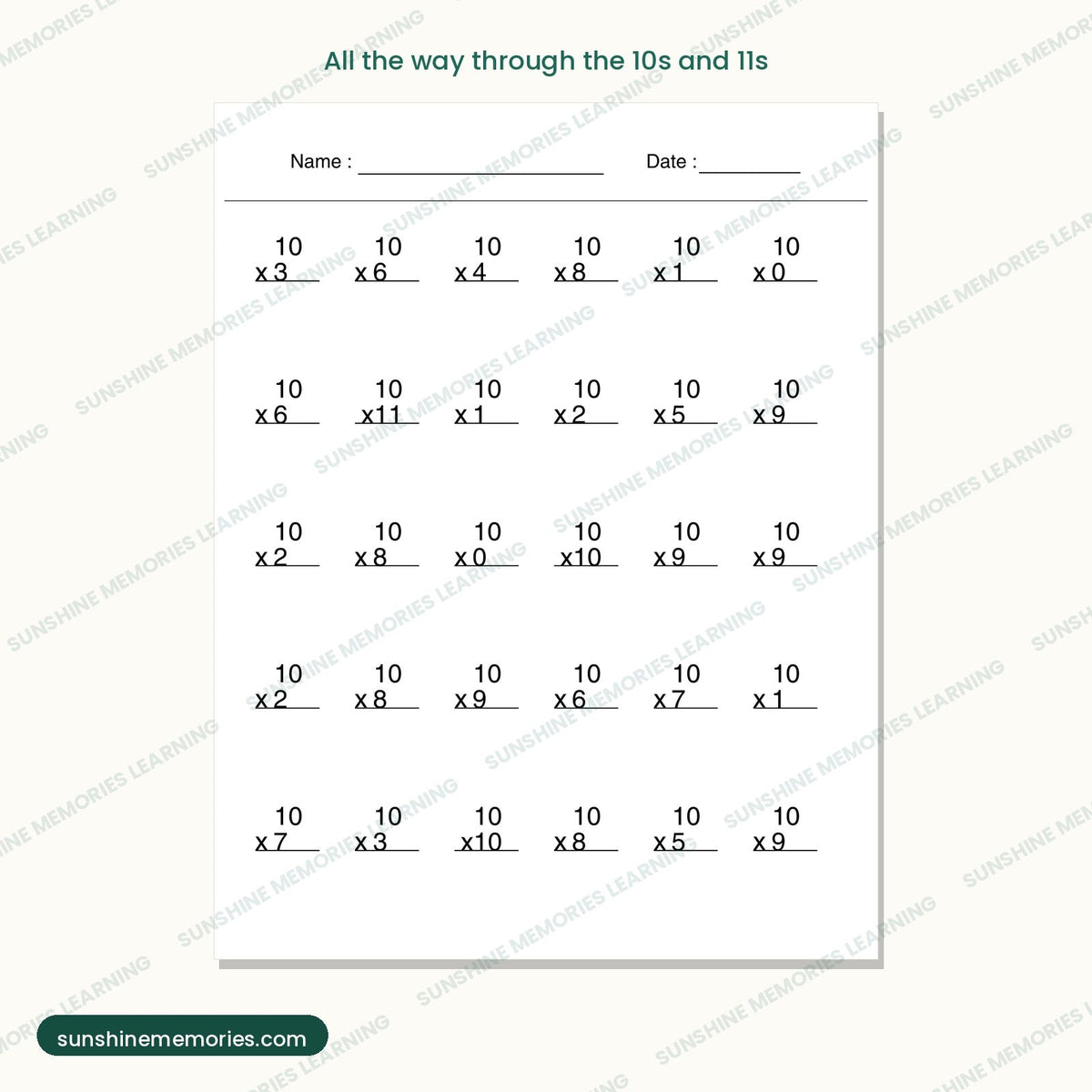 Practice pages running through the 10 and 11 fact families