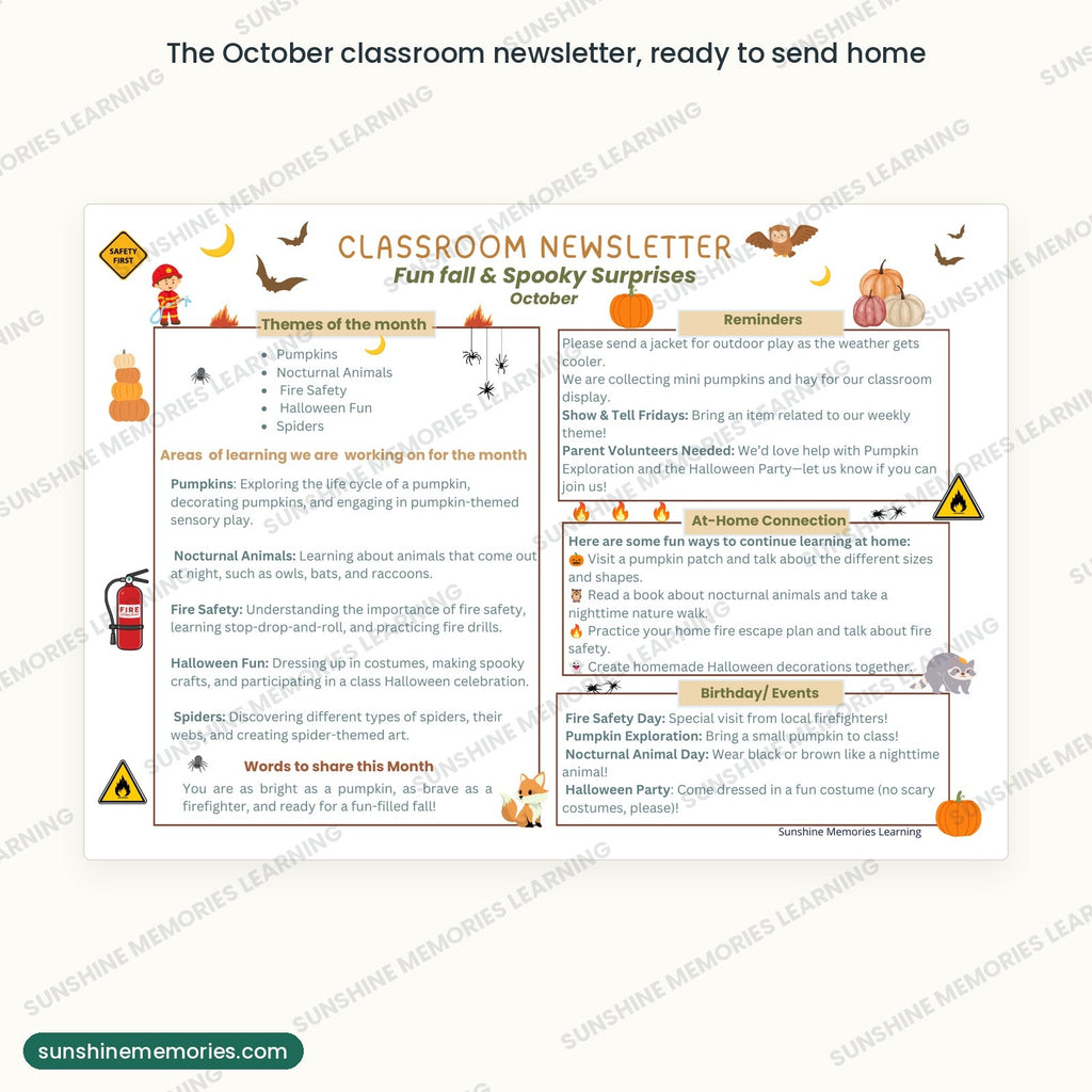 The October classroom newsletter with monthly themes, reminders, at-home connection ideas and events