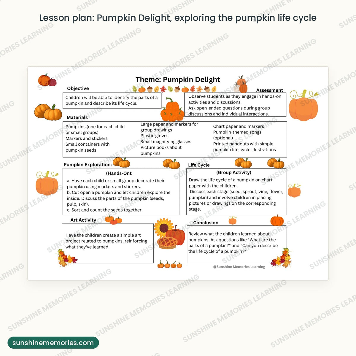 Pumpkin Delight lesson plan page with pumpkin exploration and life cycle activities