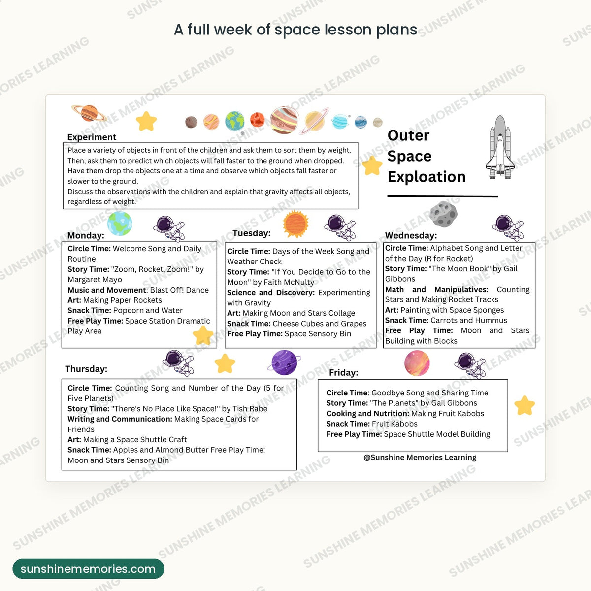 Five-day outer space weekly plan, Monday through Friday