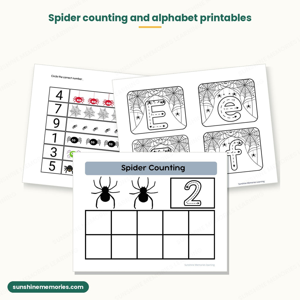 Spider counting, circle the number and spider web alphabet tracing cards