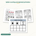 Spider counting, circle the number and spider web alphabet tracing cards