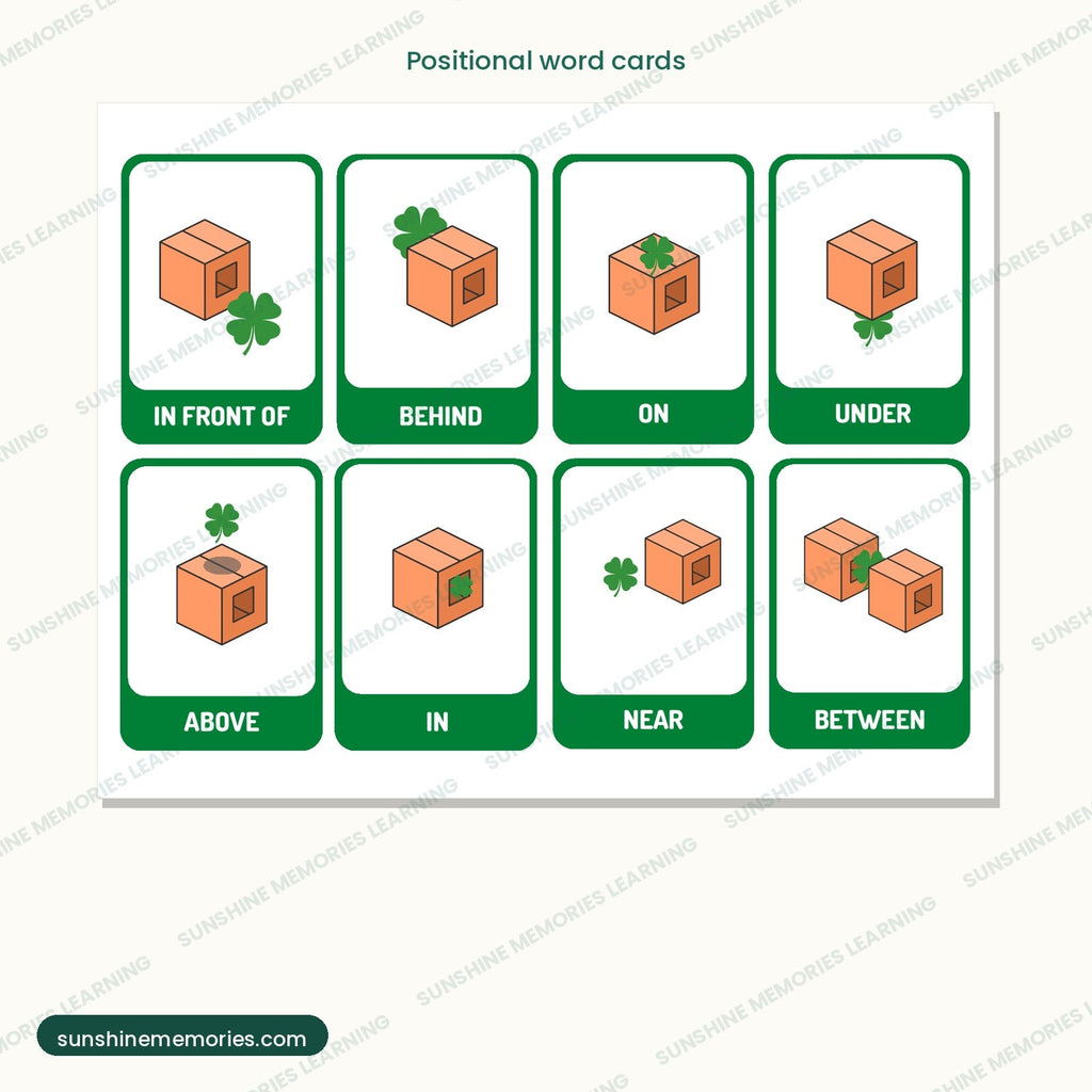 Positional word cards: in front of, behind, on, under, above, in, near and between