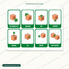 Positional word cards: in front of, behind, on, under, above, in, near and between