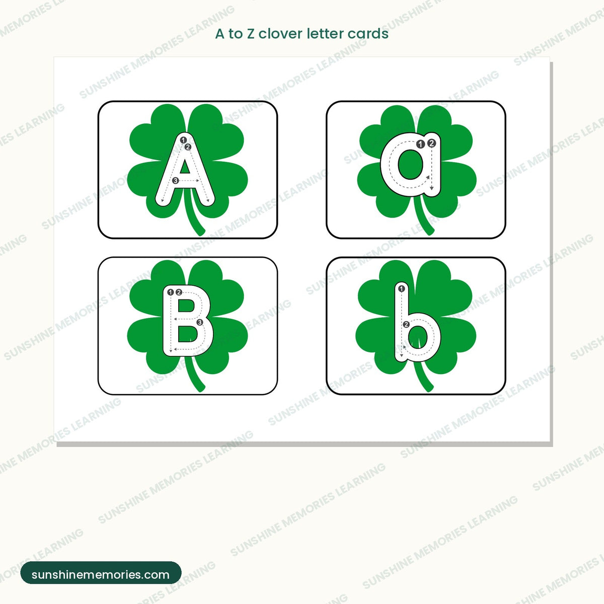 Clover alphabet cards for letter tracing, A to Z, upper and lower case